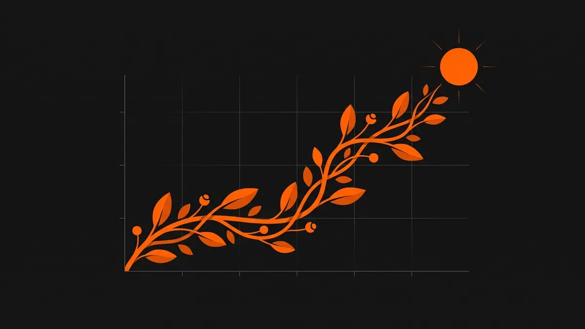 Illustration d'une branche feuillue orange qui pousse comme une courbe de croissance sur la grille d'un graphique, vers un soleil stylisé